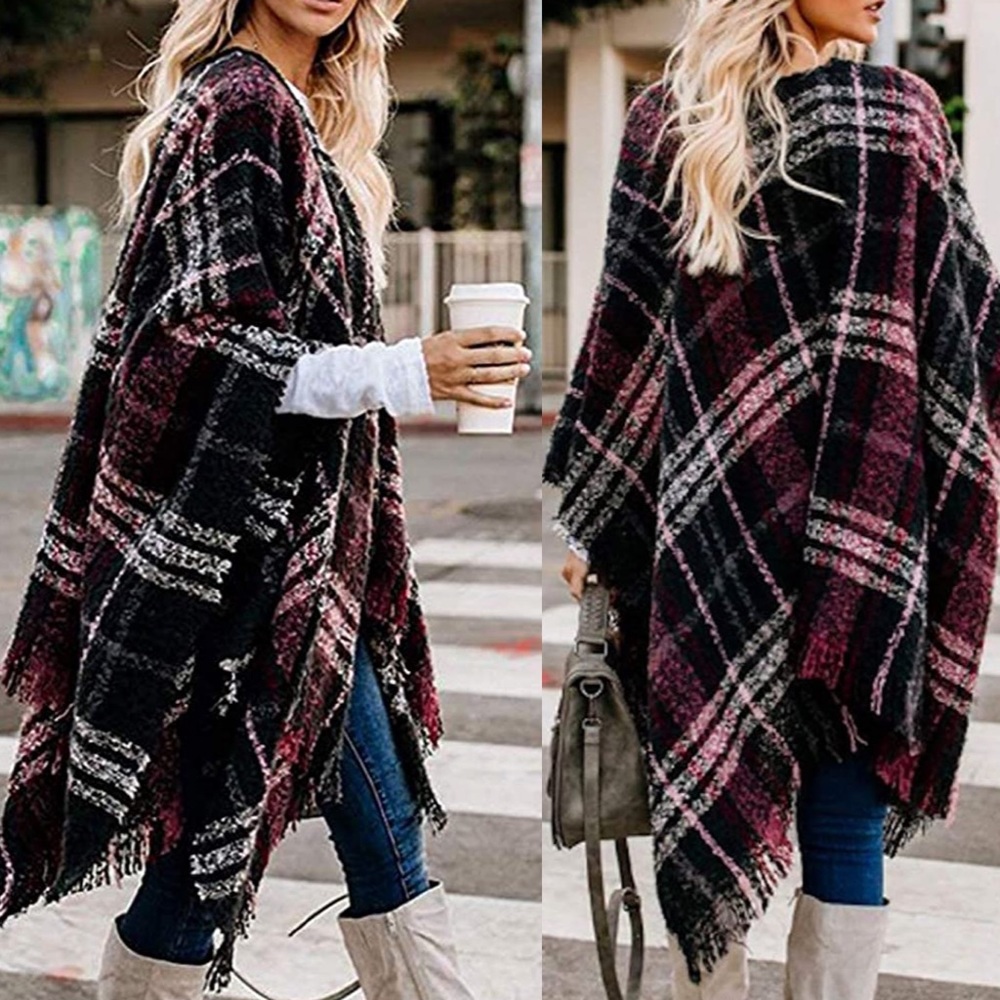 Fall plaid poncho shawl sweater